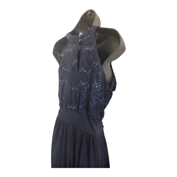 Dark blue sequin halter sheer chiffon faux wrap maxi evening dress gown size 10 - Picture 9 of 15
